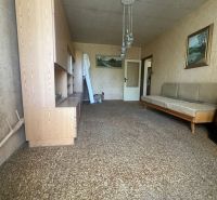 Living room in a 2-room apartment with a carpet and wooden furniture.