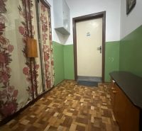 Hallway of a 2-room apartment with a wooden decor floor and floral curtains.