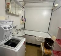 A bathroom with a washing machine and a bathtub in a 2-room apartment with a wooden decor.