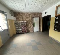 Entrance hallway of an apartment building with tiles and mailboxes, in a 2-room apartment.