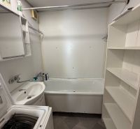 A bathroom in a 3-room apartment with a bathtub, sink, washing machine, and shelving cabinet.