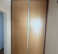 A wardrobe with sliding doors and a floor with a wooden decor in a 3-room apartment.