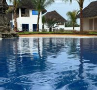 A family house in Zanzibar surrounded by palm trees with a pool in the foreground.