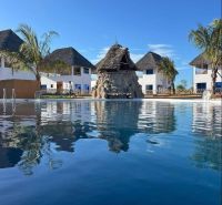A family house in Zanzibar surrounded by palm trees by the pool under the blue sky.