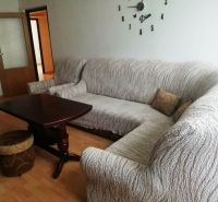 Living room in a three-room apartment with a corner sofa and a wooden decor floor.