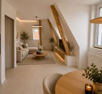 A bright living space in a two-room apartment with skylights and wooden elements.