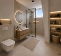 Bathroom with a shower, sink on a cabinet, and a round mirror in a 2-room apartment.