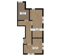 Floor plan of a 2-room apartment with a bedroom, kitchen, and living room, wooden decor flooring.