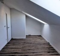 Attic in a family house with a wooden decor floor and a skylight.