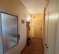 Hallway of a 2-room apartment with built-in wardrobes and carpeted floor.