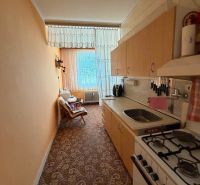 A narrow kitchen in a two-room apartment with a gas stove and a floral pattern on the carpet.