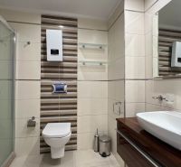 Bathroom with a shower, sink, and toilet, Unique properties.