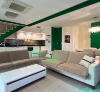 Living room with a sofa, dining table, kitchen, and green walls. Unique properties.