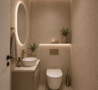 Minimalist bathroom with a round mirror and hidden lighting, Family house.