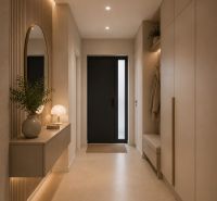 The entrance hall of a family house with minimalist furniture and a built-in mirror.