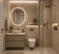 Bathroom with a sink, mirror, and shower in a family house.