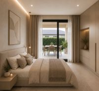 Bedroom in a family house with a bed, carpet, and a view of the terrace.