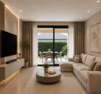 Living room in a family house with a comfortable sofa and a round table.