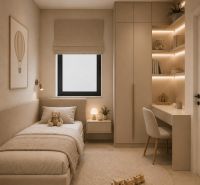 A children's room with simple furniture, building blocks, and a road with a wooden decor.