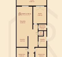Floor plan of a family house in the village of Vyšná Kamenica with a terrace, living room, and two children's rooms.