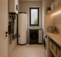 Laundry room in a family house with a washing machine and a water tank.