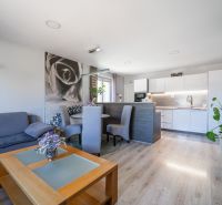Living room in a family house with a kitchen and a wooden decor floor.