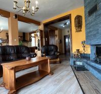 Leather sofa set and fireplace, floor with wood decor, elegant interior of the villa.