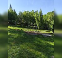 A garden at a family house in Horné Otrokovce, green lawn and fruit trees.
