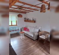 Interior in a family house with a wooden decor floor, rattan chair, and sofa.