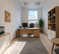 A bright office with wooden furniture, a carpet, plants, and a motivational quote on the wall.