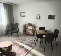 Living room in a two-room apartment with a green armchair and wooden floor decor.