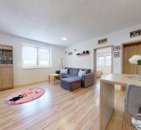 Living room in a three-room apartment with a corner sofa and a floor with a wooden decor.