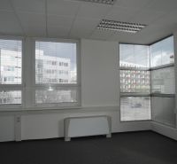 Bright office with large windows and gray carpet on the floor.