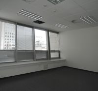Offices with blinds and carpet, ceiling with lighting and ventilation.