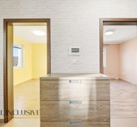 A bright interior of a 3-room apartment with a wooden decor floor and brick cladding.