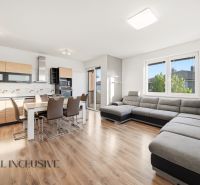 Living room with kitchen, large gray sofa, wooden decor flooring, 3-room apartment.