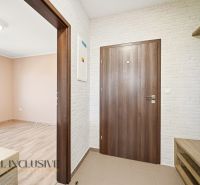 Entrance hall in a 3-room apartment with white walls and wooden doors.
