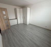 A room in a one-room apartment with a wooden decor floor and a built-in wardrobe.