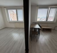 Interior of a one-room apartment with a wooden decor floor and a table.