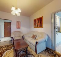 Living room in a three-room apartment with a sofa, wooden cabinets, and a carpet.
