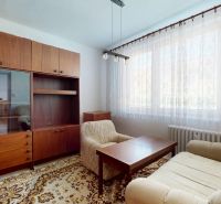 Living room in a three-room apartment with a sofa, older furniture, and a large window.