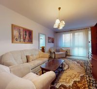 A bright living room with a sofa and a carpet in a 3-room apartment.