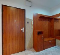 Entrance hall in a 3-room apartment with wooden decor and a coat rack wall.