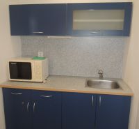 A kitchenette with blue cabinets and a microwave in the office.