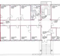 Floor plan of offices with carpet, layout of rooms and corridors.
