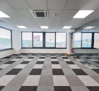 Spacious offices with carpeted floors, large windows, and glass walls.