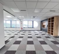 Offices with a window, a mirrored wall, built-in shelves, and a floor with a wooden decor.
