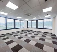 An empty office with carpet tiles and large windows, in the Offices.