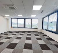 Spacious offices with patterned flooring, light, and a view of greenery.