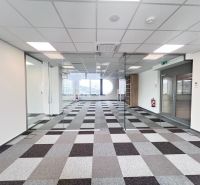 Glass office spaces with patterned carpet and large window, Offices.